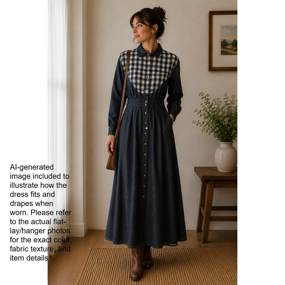 Vintage Carol Anderson Black White Denim Plaid Western Midi Dress Size 11/12
